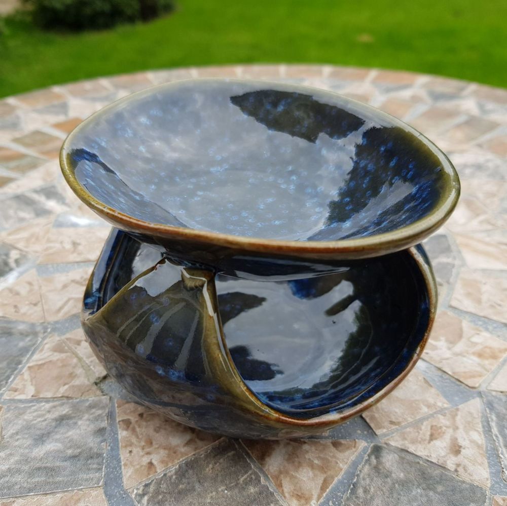 Abstract squat Black  & Blue Speckled Ceramic oil burner