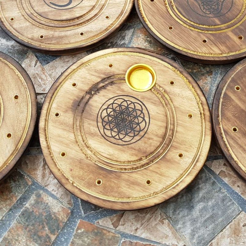 Round wooden Incense Stick & cone plate holder - Flower of Life 10cm