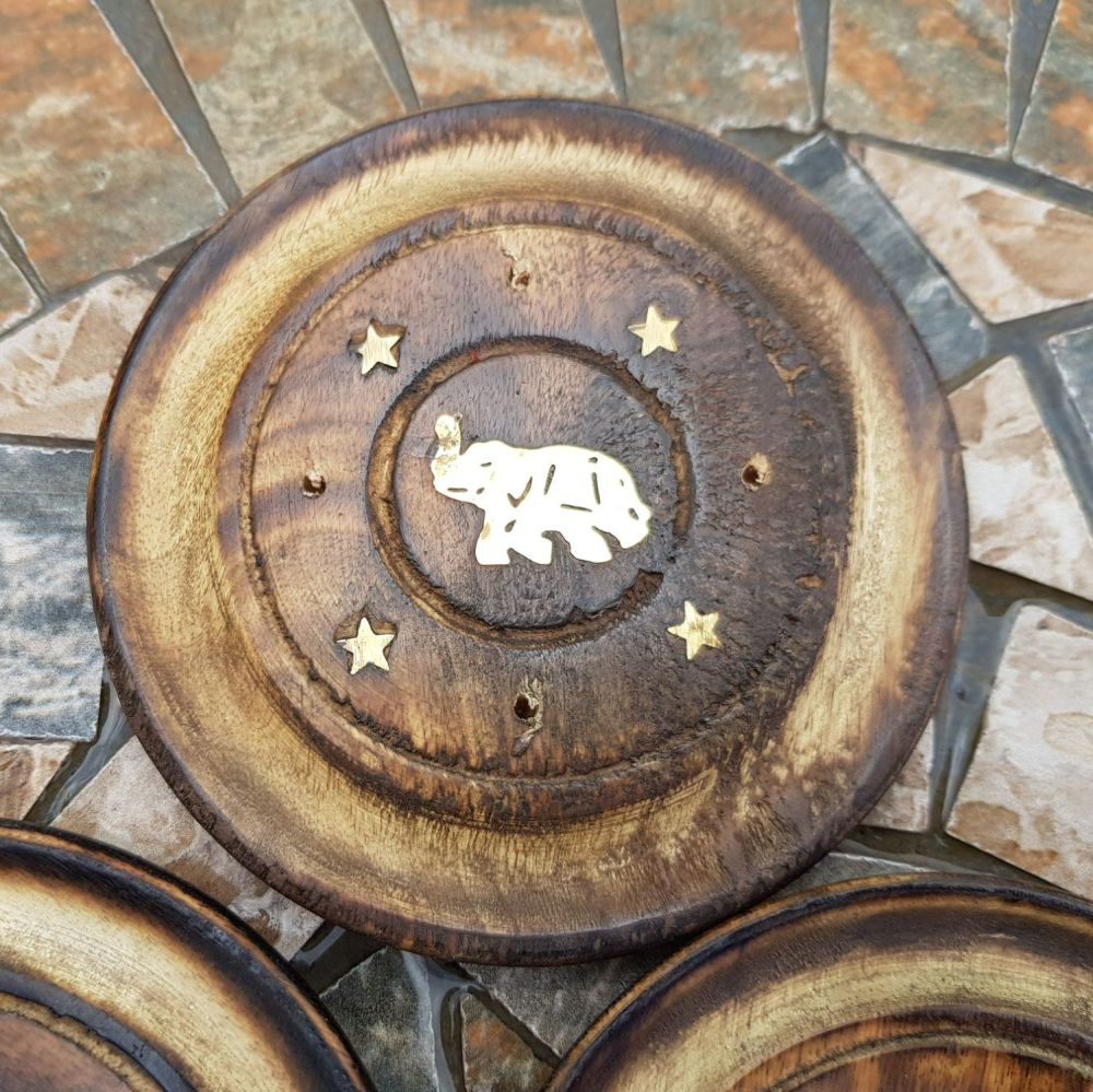 Round wooden Incense Stick plate holder - Elephant