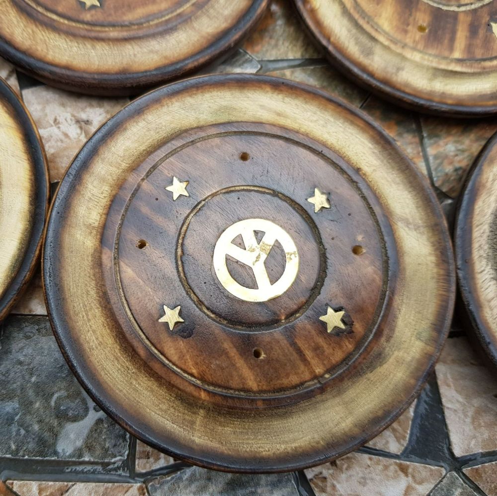 Round wooden Incense Stick plate holder - Peace
