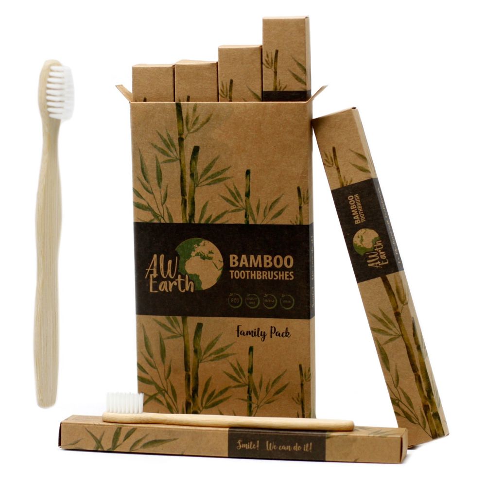 Family pack of 4 Bamboo Toothbrushes - Eco & vegan friendly