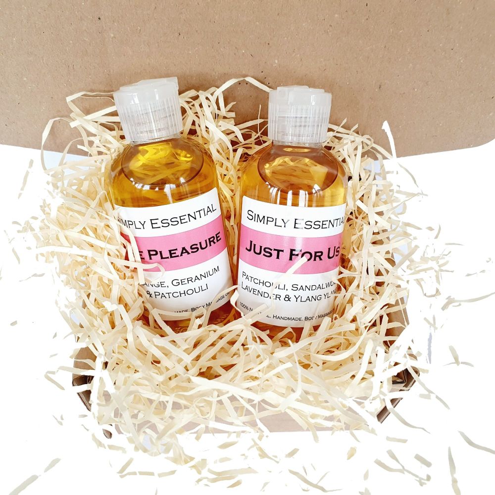 Sensual Massage oil gift set box 2 x 100ml Pure Pleasure  & Just for us ble