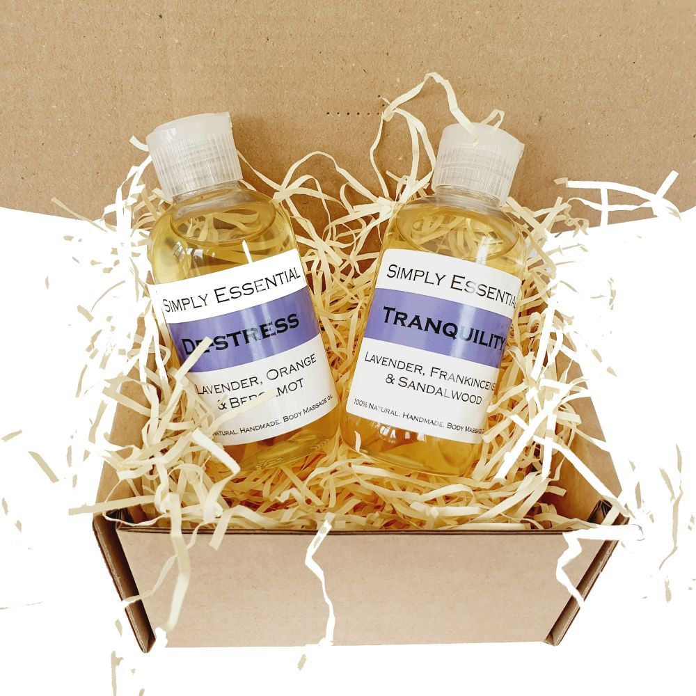 Relaxing Massage oil gift set box 2 x 100ml blends Tranquility & De-stress 