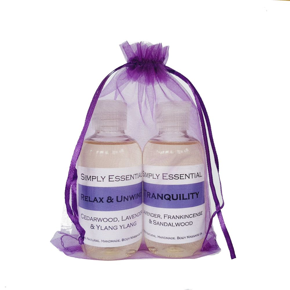 Relaxing Massage oil Tranquility & Relax and Unwind blends - Purple gift bag