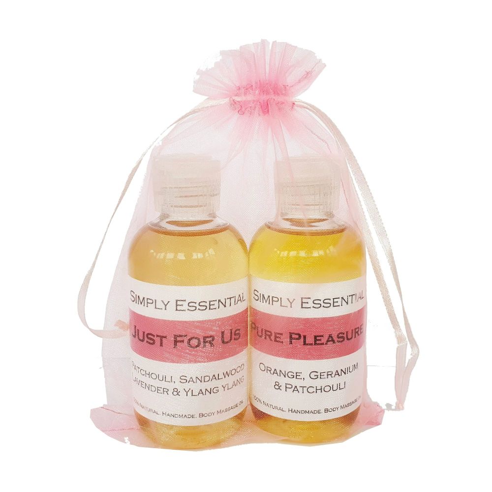 Sensual Massage oil 2 x 100ml Pure Pleasure  & Just for us blends - Pink gi