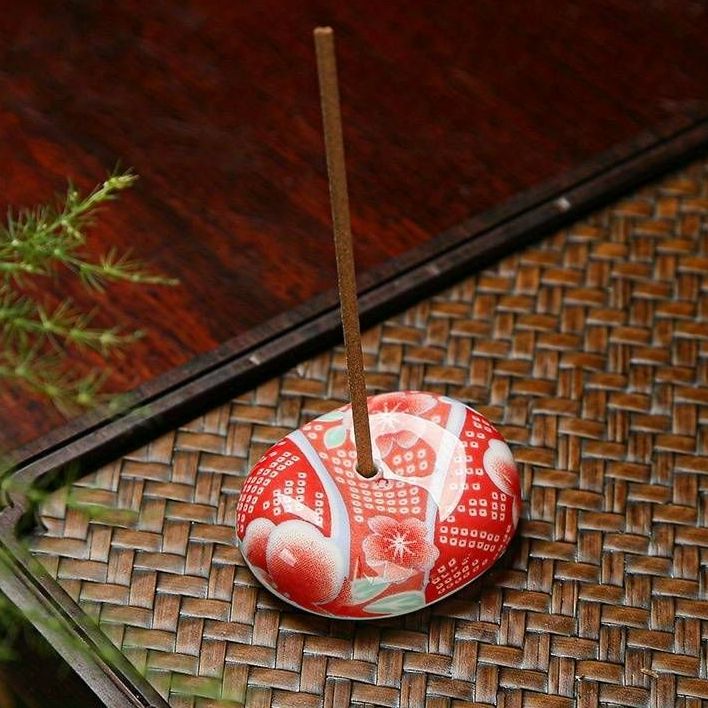 Japanese Round Red Floral Ceramic incense holder