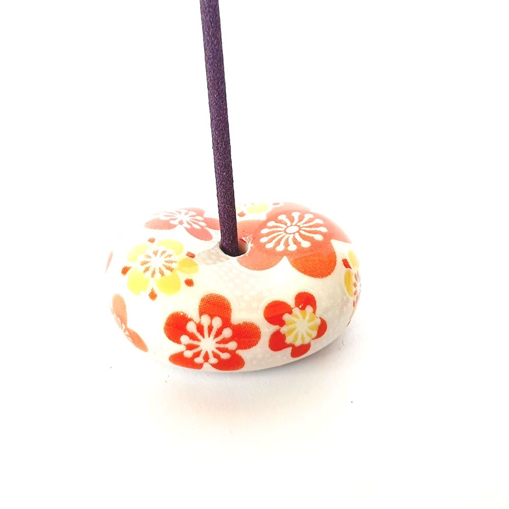 Japanese Round Red Yellow Floral Ceramic incense holder