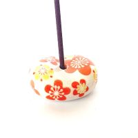Japanese Round Red & Yellow Floral Ceramic incense holder