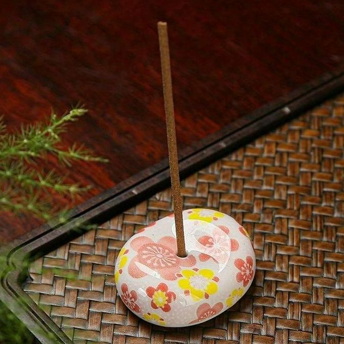 Japanese Round Red & Yellow Floral Ceramic incense holder