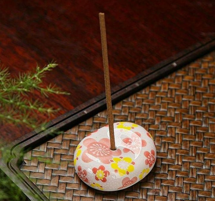 Japanese Round Red & Yellow Floral Ceramic incense holder