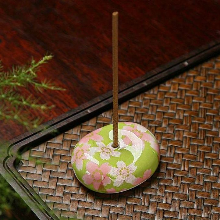 Japanese Round Green & Pink Floral Ceramic incense holder