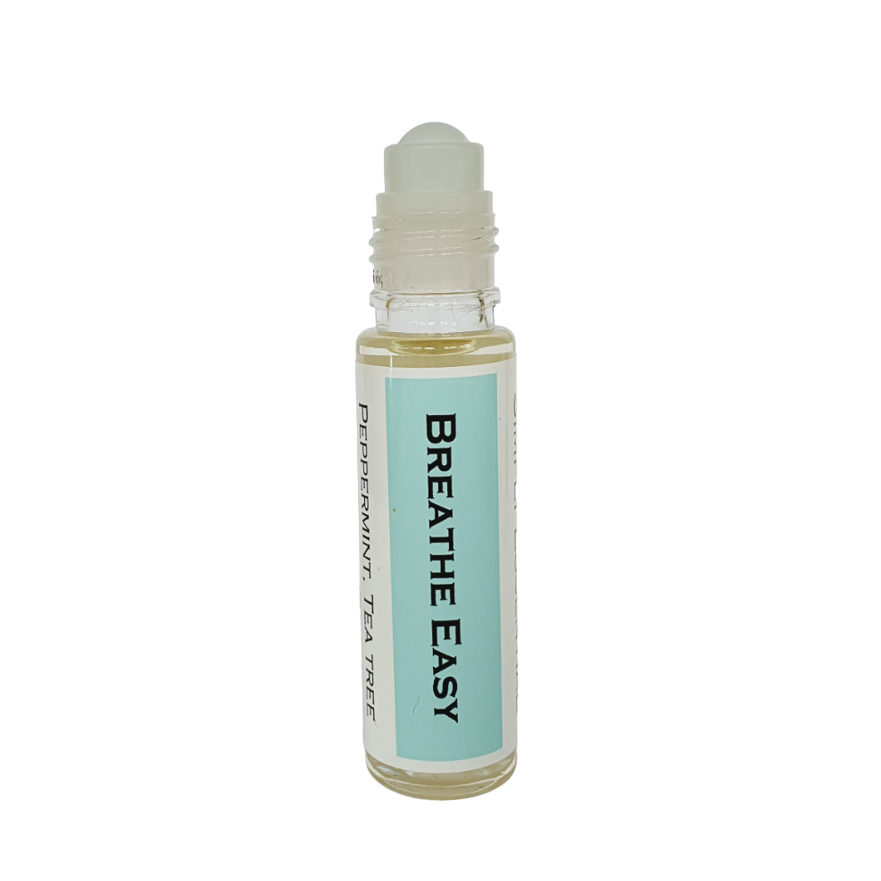 Breathe Easy aromatherapy roll on, containing tea tree, peppermint, and euc
