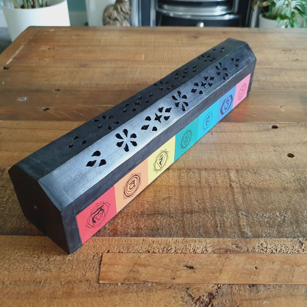 Black Wood Incense Burner Box Coloured Chakra Design