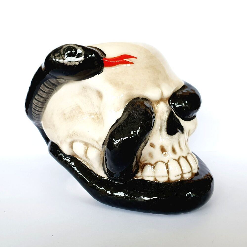 Skull Head Ceramic Oil Burner with Coiled Snake
