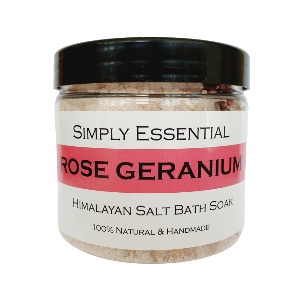 ROSE GERANIUM Bath Salts with Pink Himalayan salt and dried Rose petals 225g