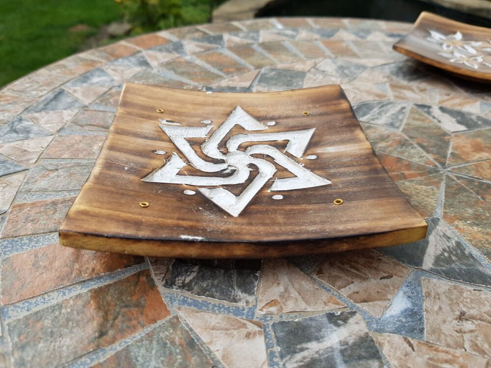 Rustic Indian Square Wooden Incense Stick Holder with White washed Star des