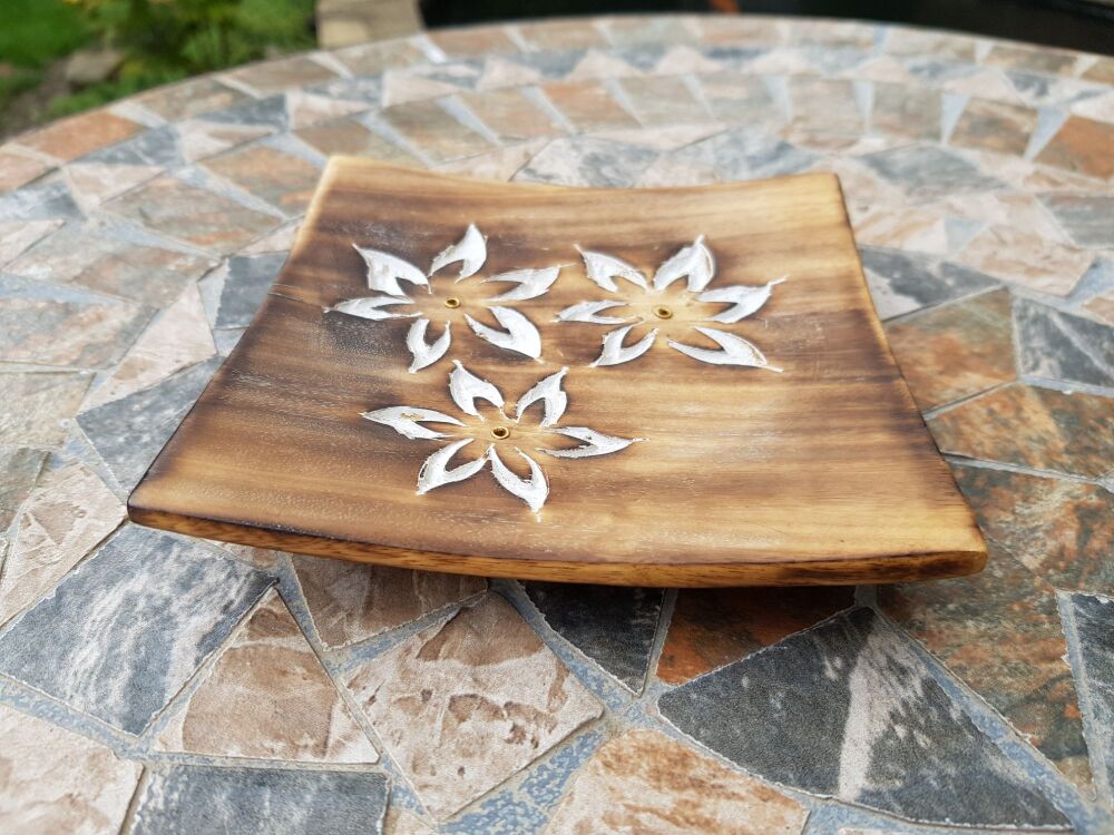 Rustic Indian Square Wooden Incense Stick Holder with White washed Flower d