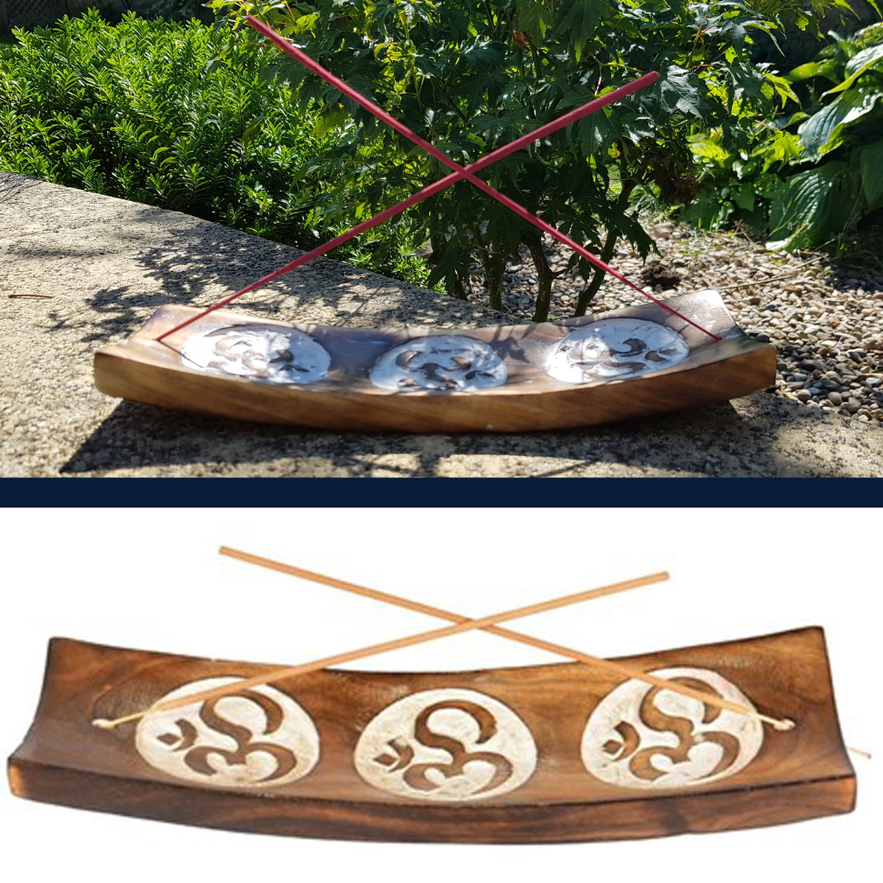 Long Wooden Incense Stick Holder with White washed Ohm design