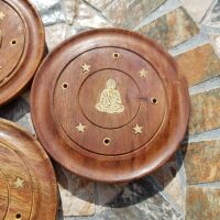 Round wooden Incense Stick plate holder - Buddha 10cm