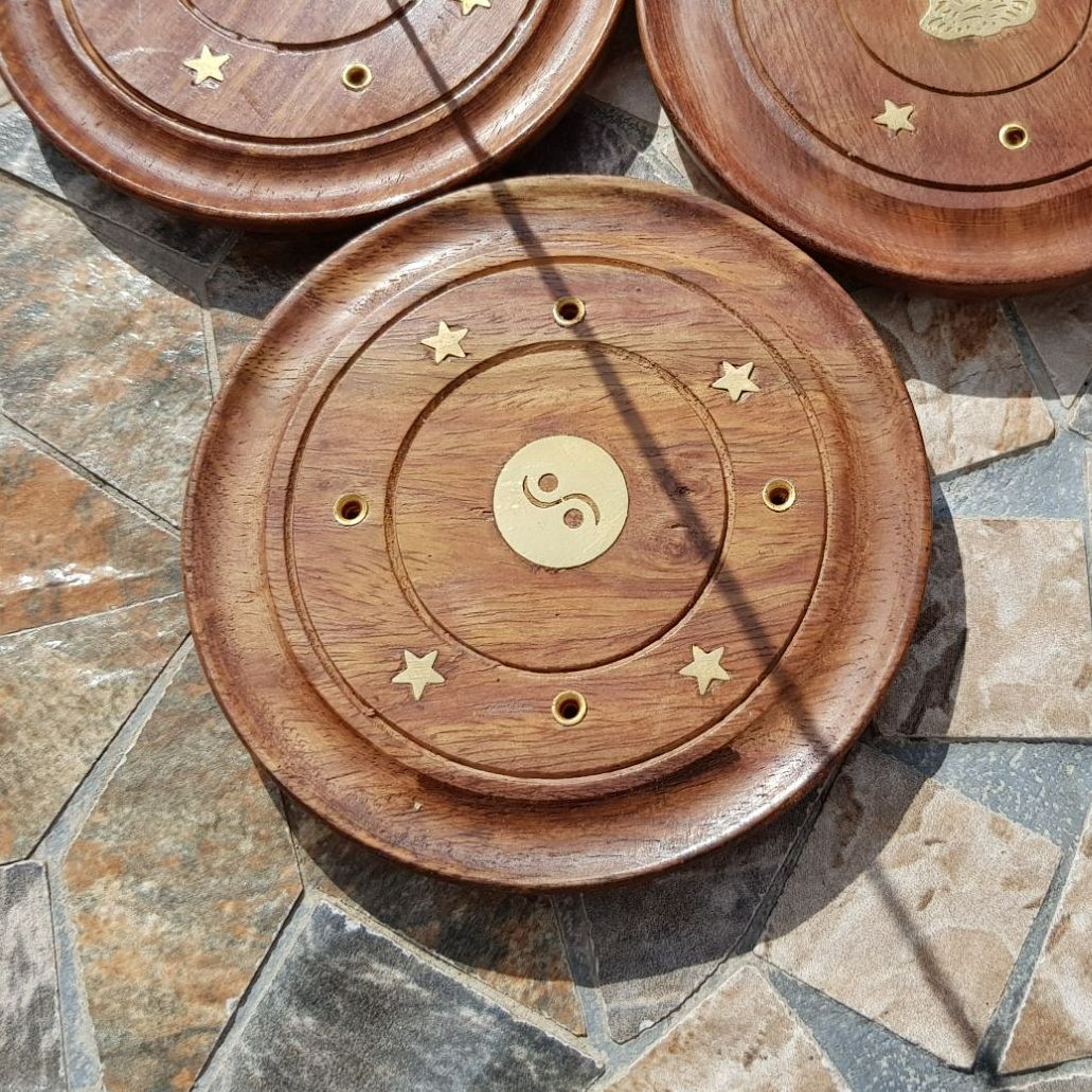 Round wooden Incense Stick plate holder - Yin Yang 10cm
