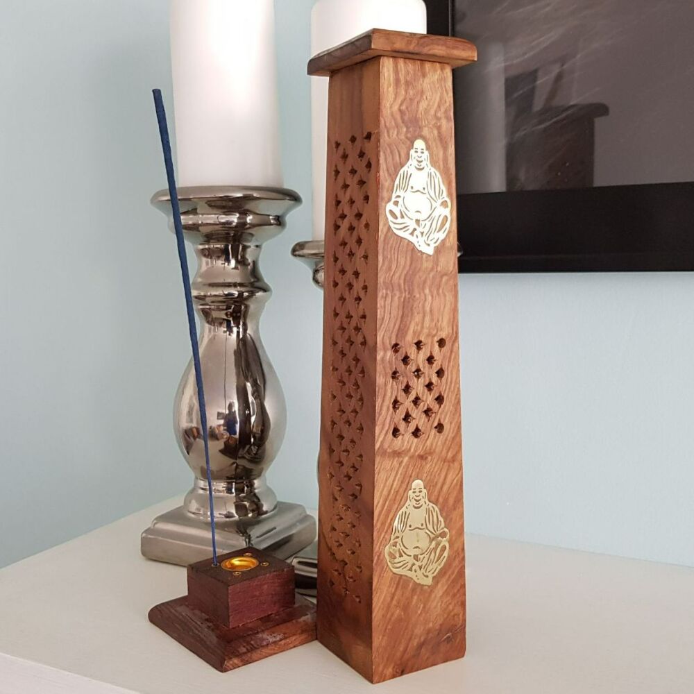 Wooden Ash Catcher Incense Tower Burner with Chinese Buddha inlay