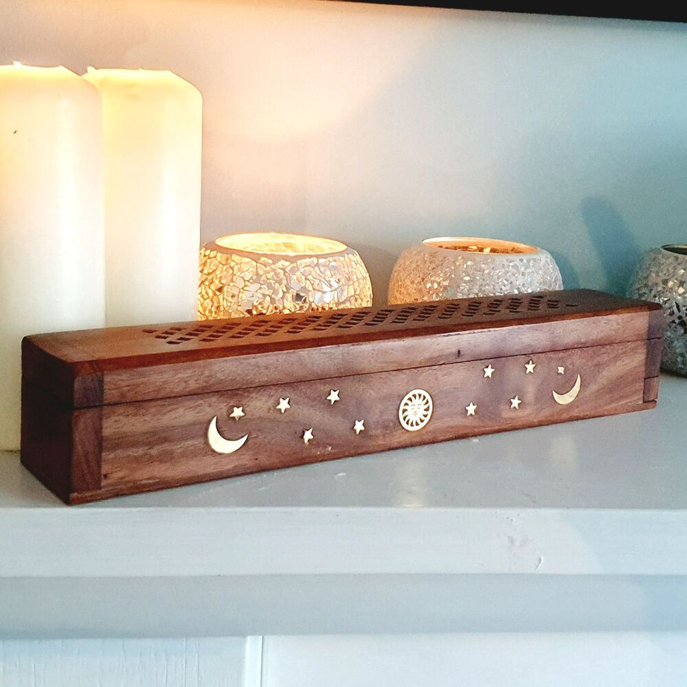Sheesham Wood Ashcatcher Incense Burner Box Moon & Star Design