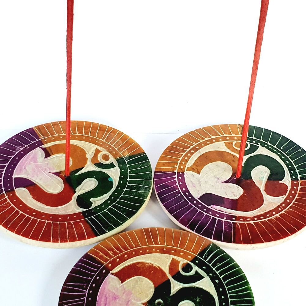 Round Soapstone Incense Stick & cone plate holder with colourful Ohm design