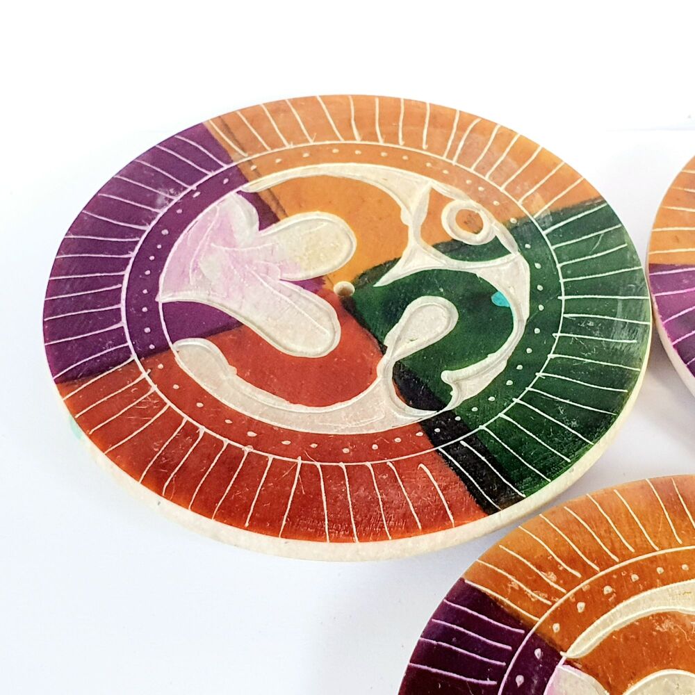 Round Soapstone Incense Stick & cone plate holder with colourful Ohm design