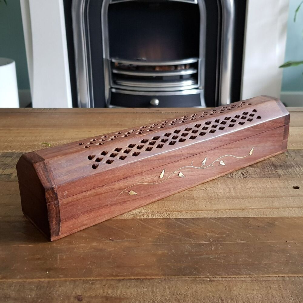Sheesham Wood Ashcatcher Incense Burner Box Vine Design