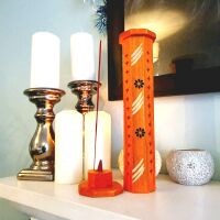 Wooden Ashcatcher Incense Stick Tower Holder with Flower Fretwork - Orange