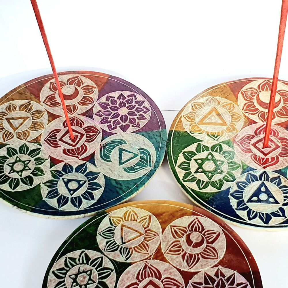 Large Round Soapstone Incense Stick & cone plate holder with colourful Chakra 7 design