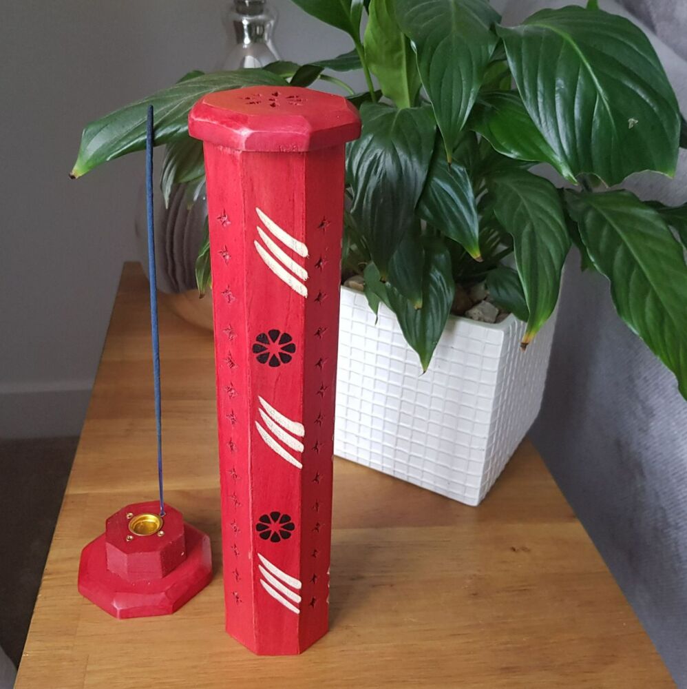 Wooden Ashcatcher Incense Stick Tower Holder with Flower Fretwork - Red
