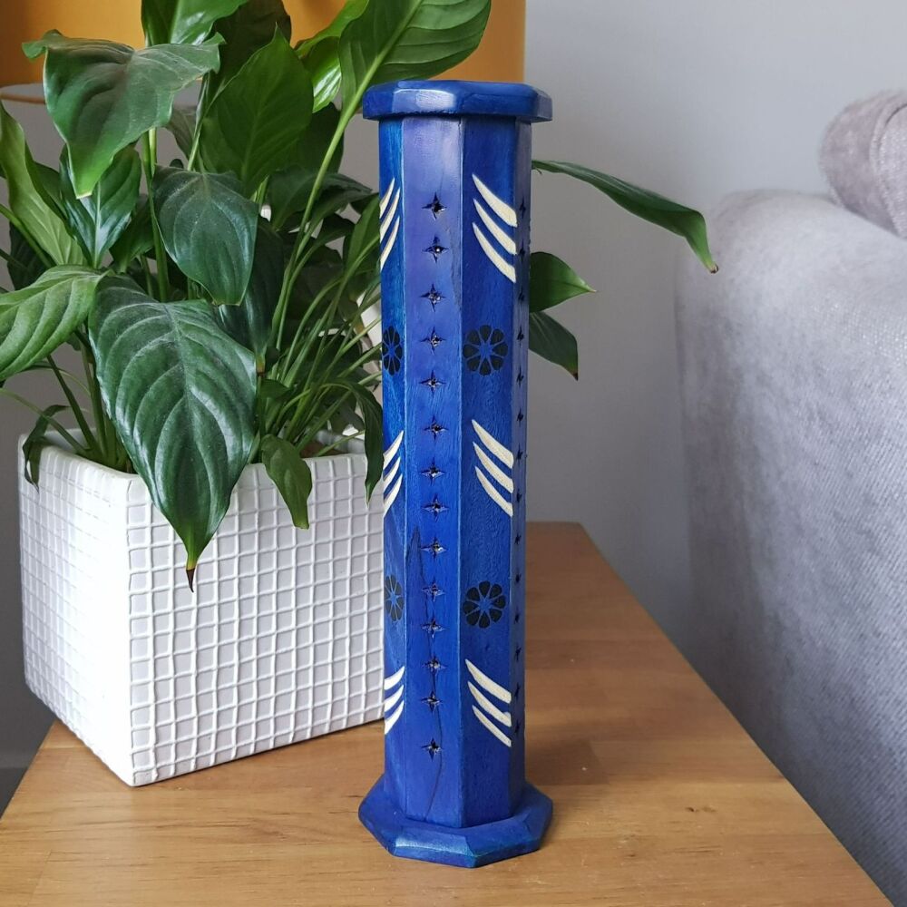 Wooden Ashcatcher Incense Stick Tower Holder with Flower Fretwork - Blue