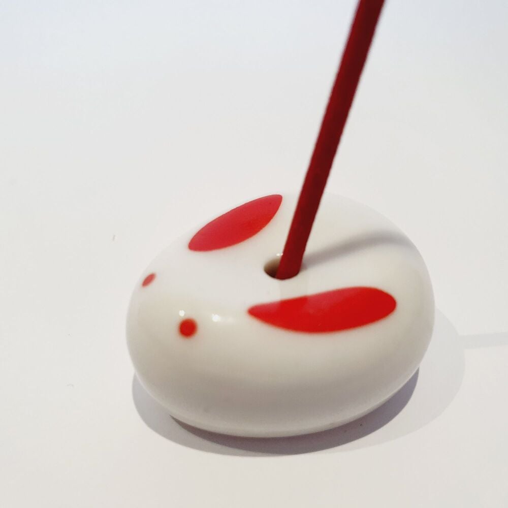Japanese White Ceramic Rabbit Incense holder - Red ears