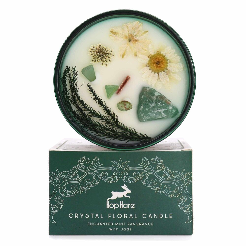 The Magician Mint Candle with Jade gemstone and dried flowers.