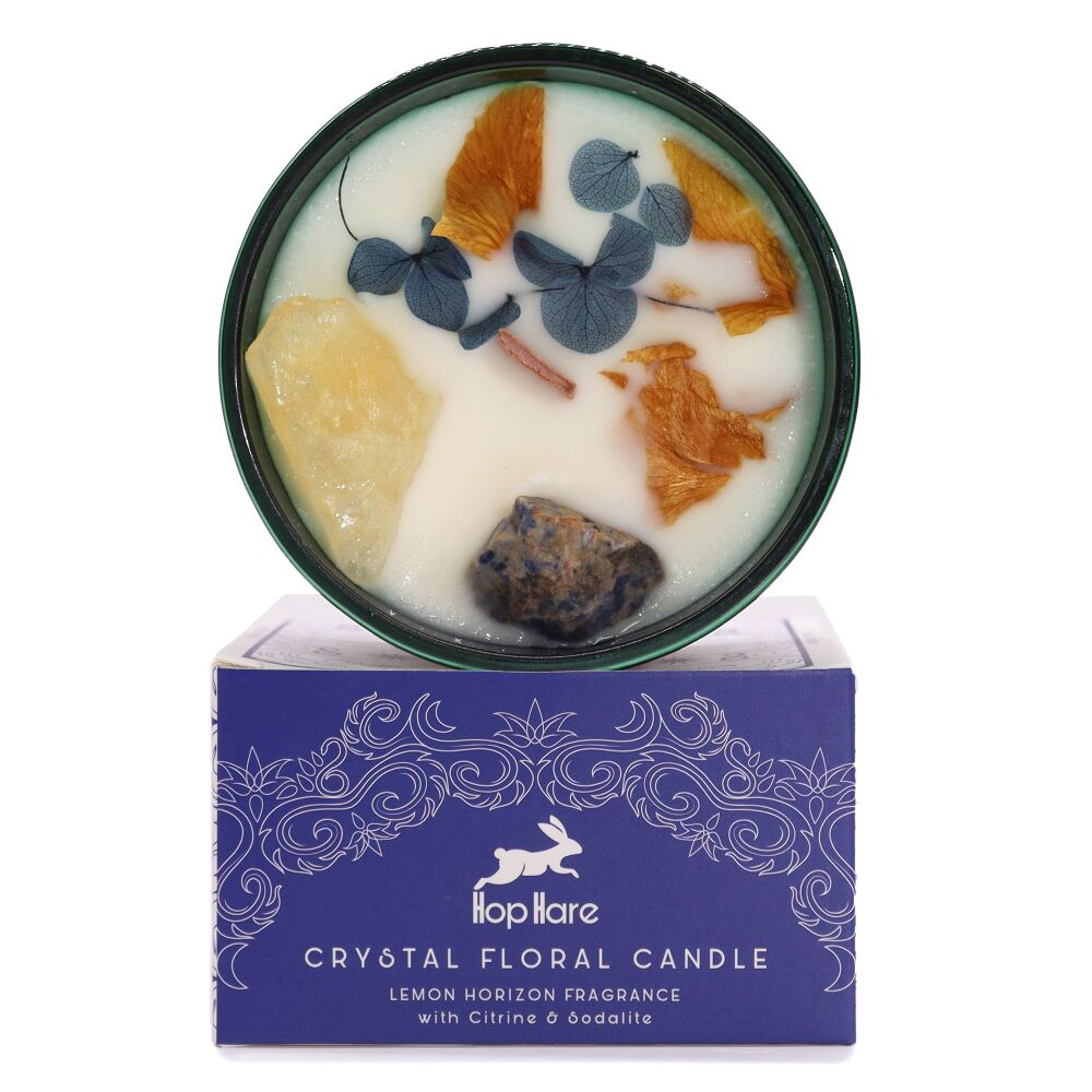 The Sun Lemon Candle with Citrine & Sodalite Gemstone and delicate dried fl