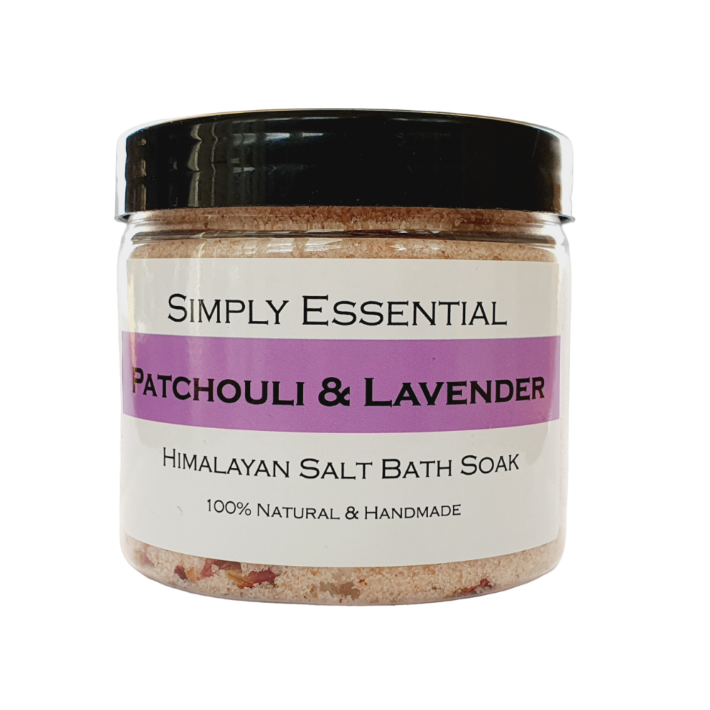 PATCHOULI & LAVENDER bath salts with Pink Himalayan salt and dried Rose pet