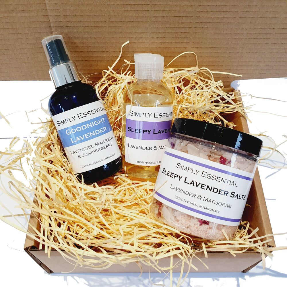 Relaxation Retreat Gift Box: Lavender Bath Salts, Massage Oil & Pillow Spra
