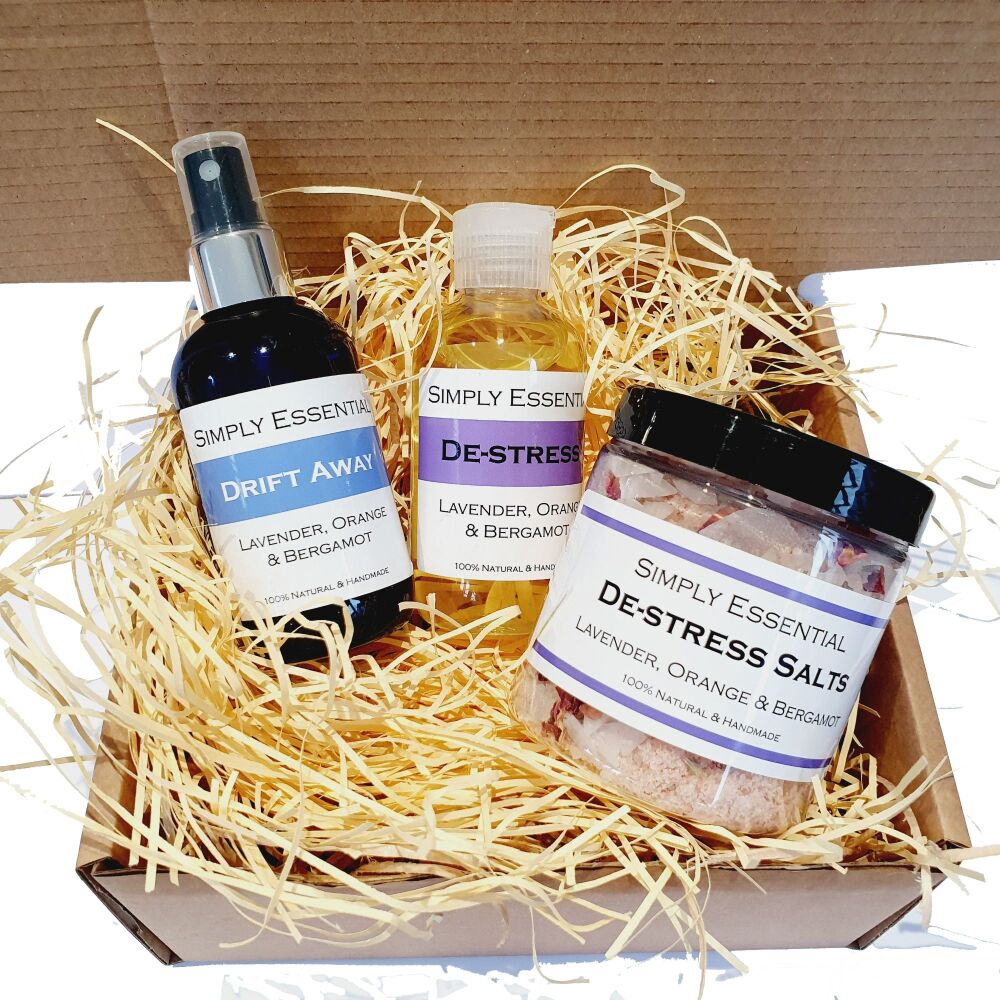 Drift Away Relaxation Gift Set: De-stress Bath Salts, Massage Oil & Pillow Spray