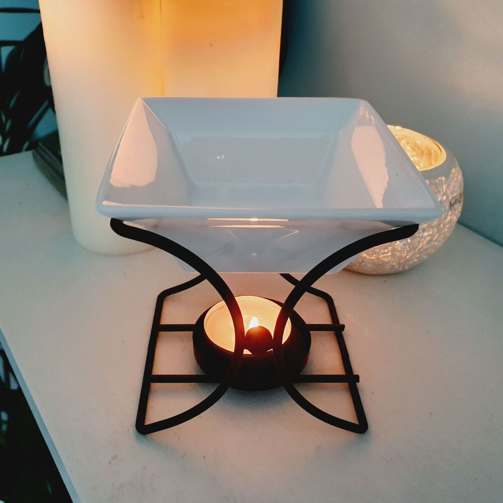 White Ceramic Square removeable Dish Oil Burner with Metal stand