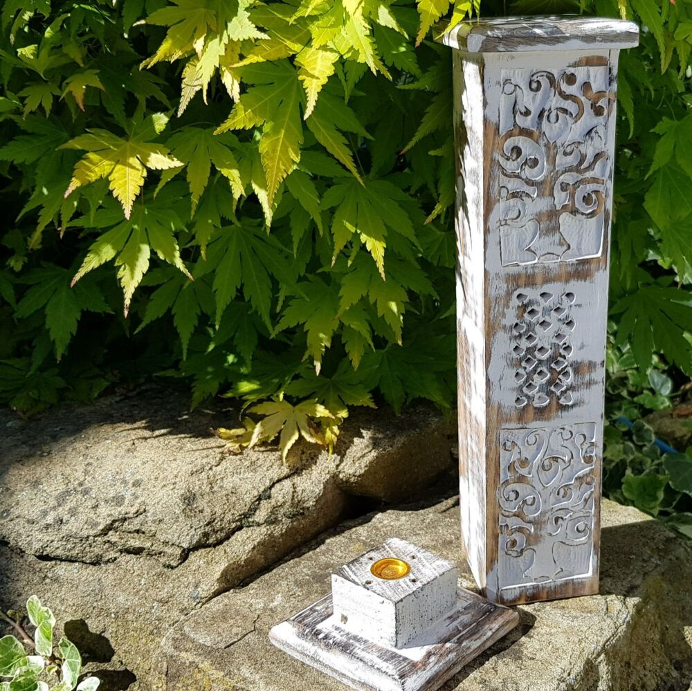 Wooden Incense Stick Tower Holder - White washed with Tree carving