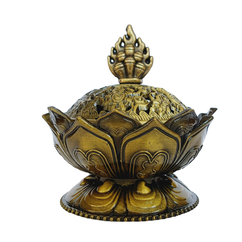 Metal Incense Resin & charcoal Tibetan Lotus Burner - Brass effect