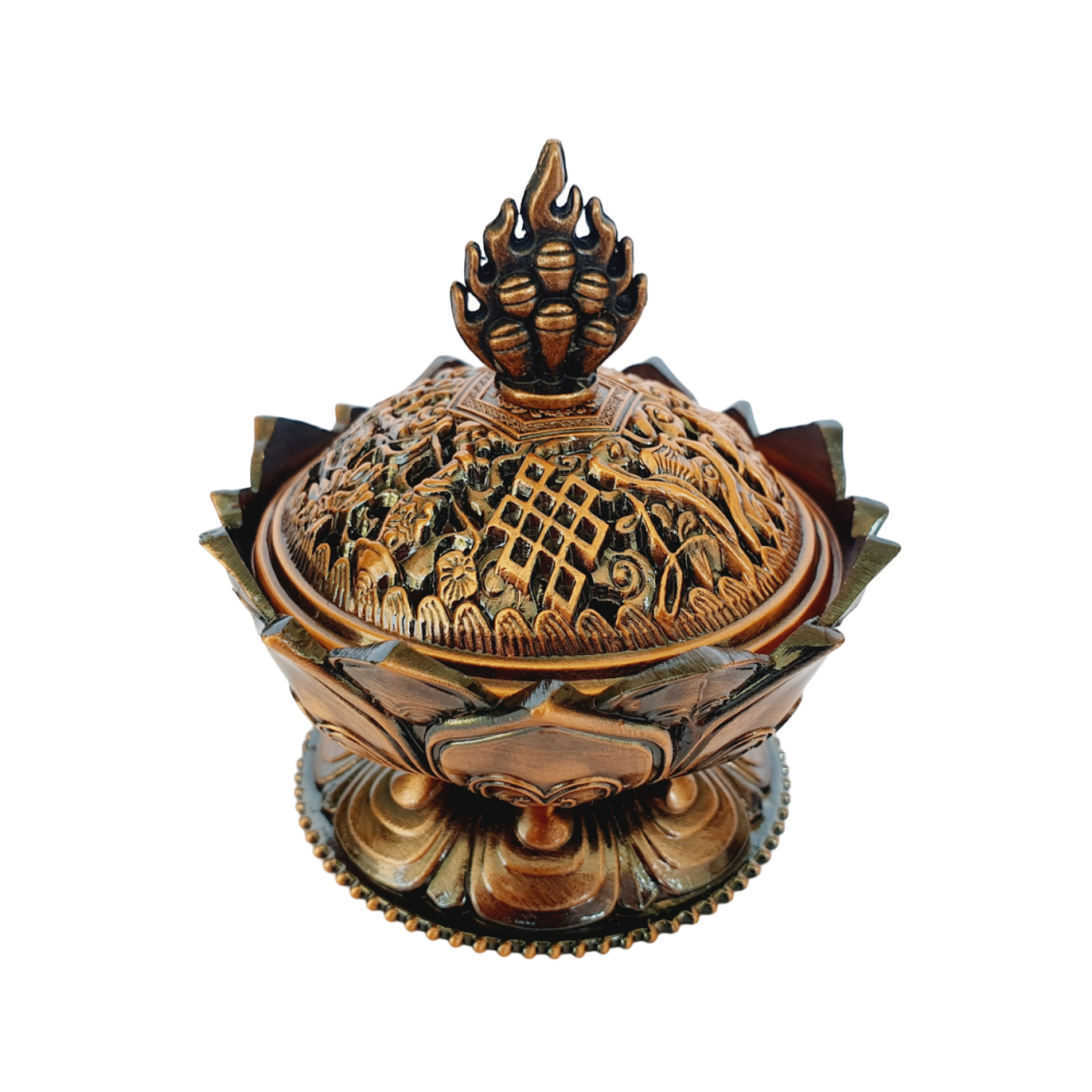 Metal Incense Resin & charcoal Tibetan Lotus Burner - Red Copper Effect