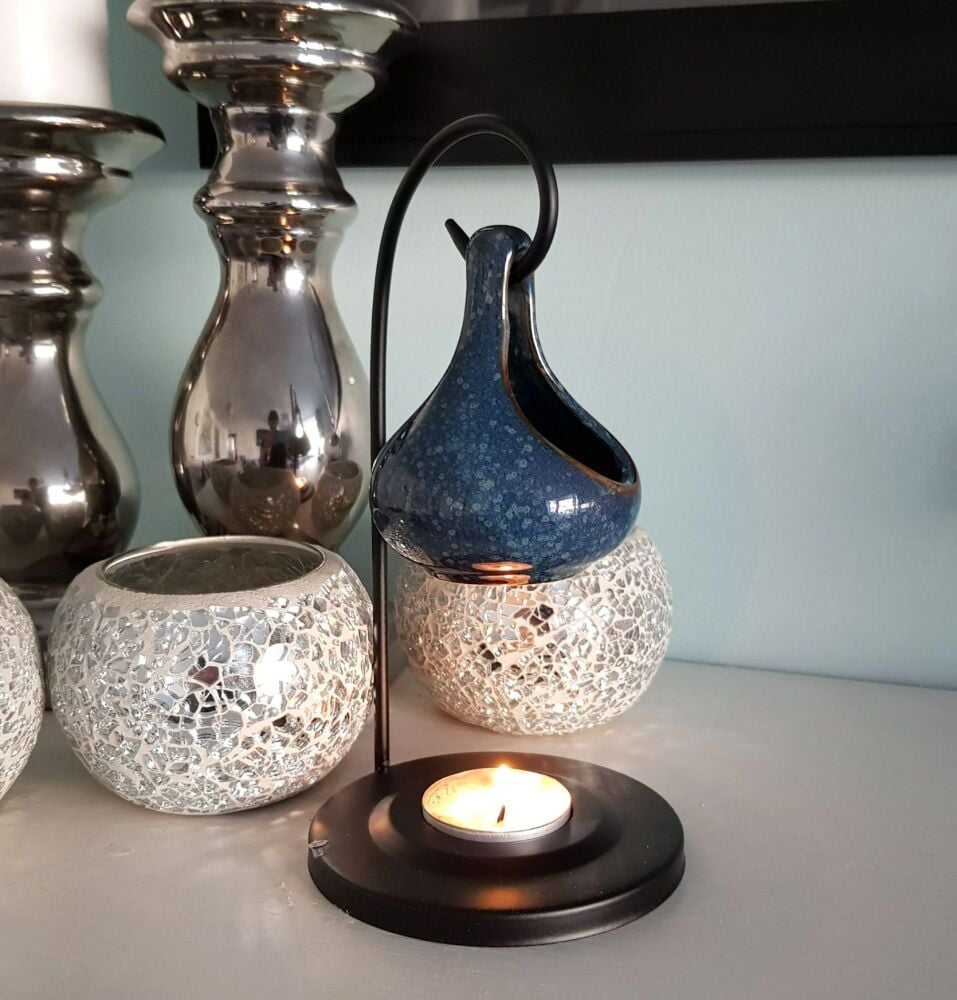 Hanging Teardrop Blue Ceramic oil burner with Metal Stand