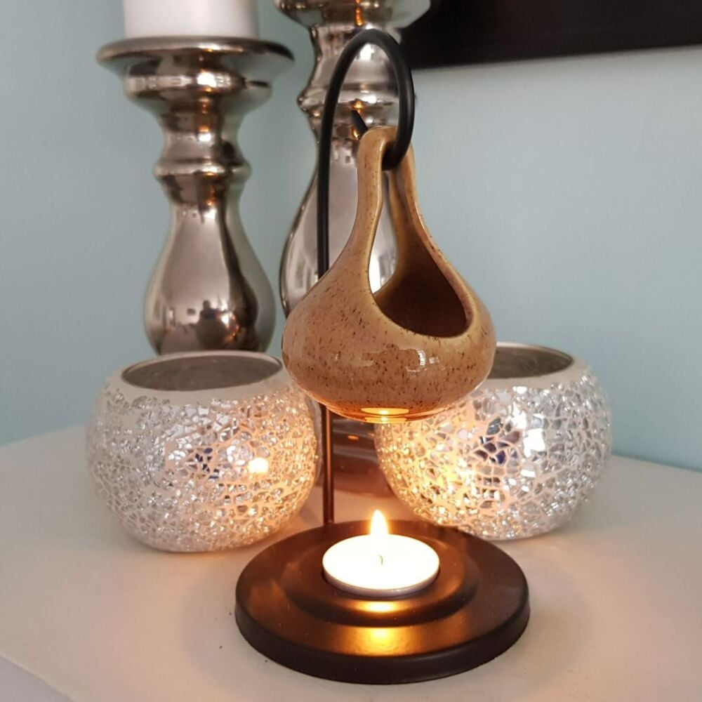 Hanging Teardrop Brown Ceramic oil burner with Metal Stand