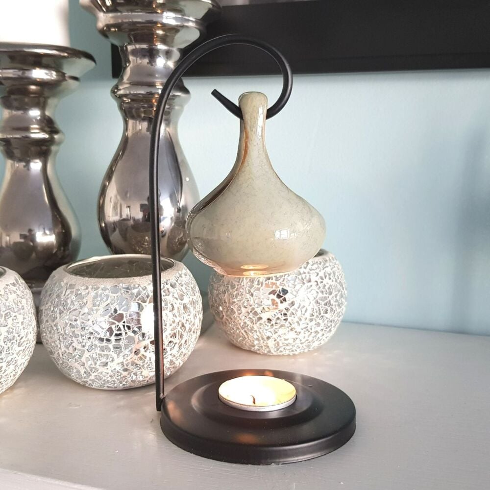 Hanging Teardrop Grey Ceramic oil burner with Metal Stand