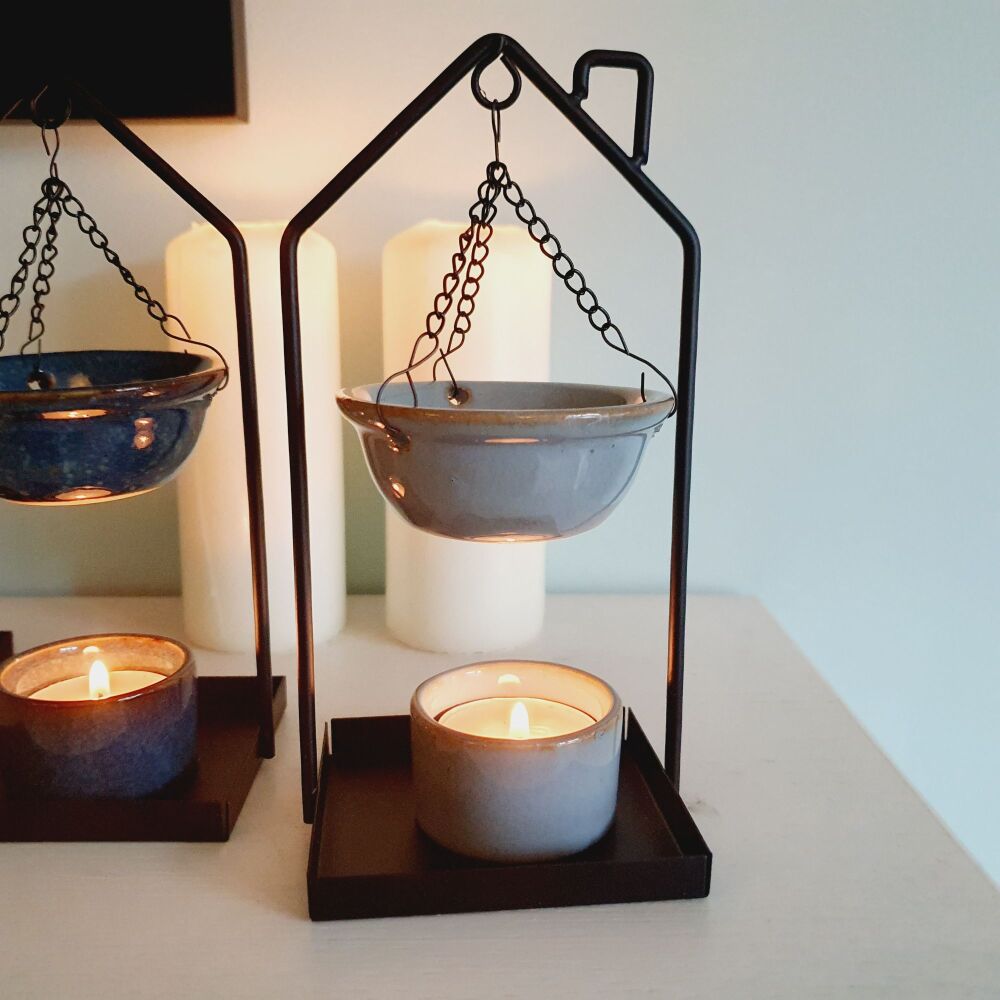 Hanging Grey Ceramic bowl oil burner with Metal house shaped Stand