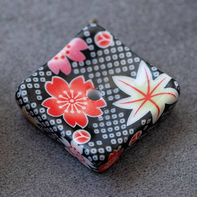 Japanese Square Blue Ceramic incense holder with colourful flowers