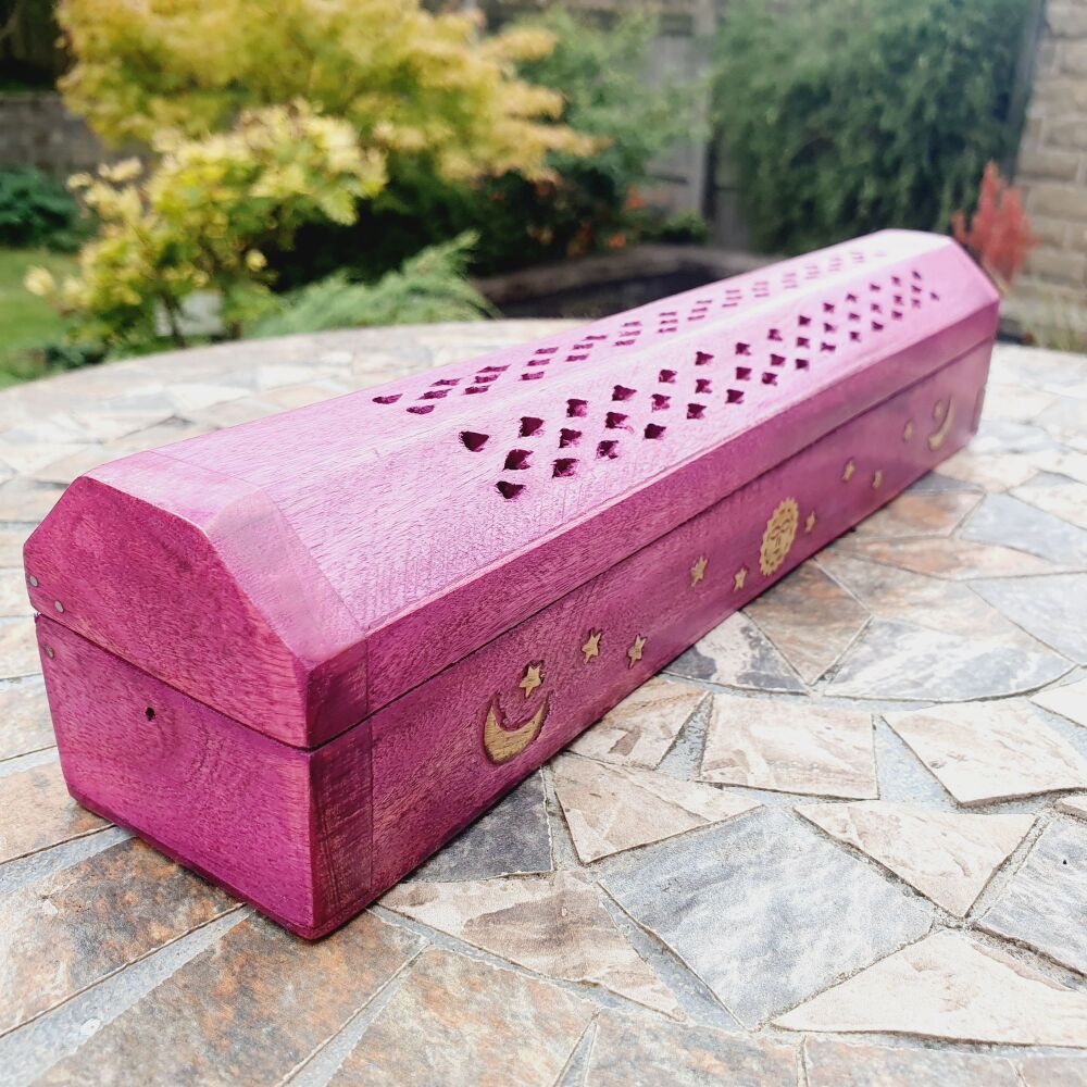 Mango Wood Ashcatcher Incense Burner Box Moon & Star Design - Pink Washed