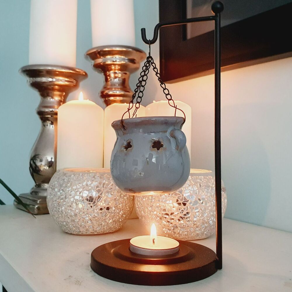 Hanging Grey Ceramic cauldron oil burner with Metal house shaped Stand